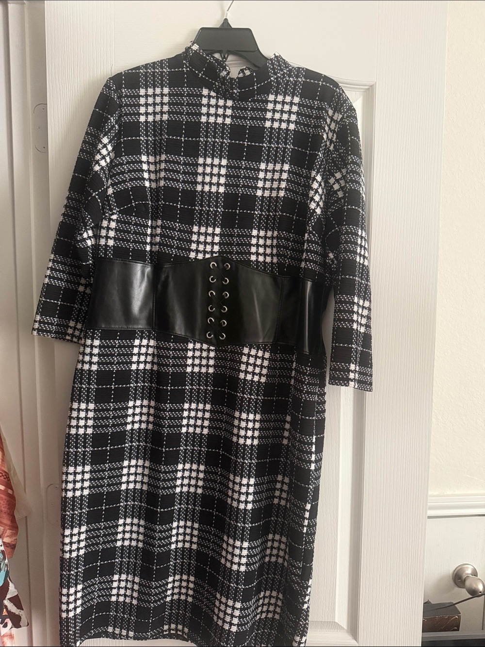 New York & Company Black and White Plaid Dress with Faux Leather Waist